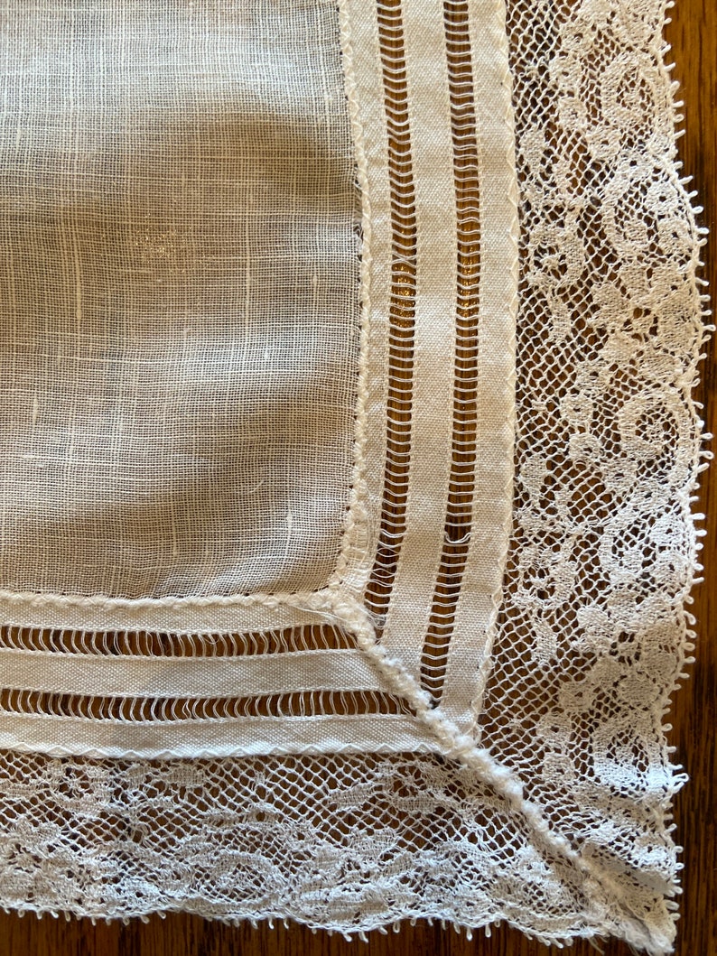 Restored Vintage Handkerchief With Three Rows of Hemstitch and Lace Edging