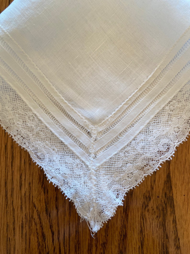 Restored Vintage Handkerchief With Three Rows of Hemstitch and Lace Edging
