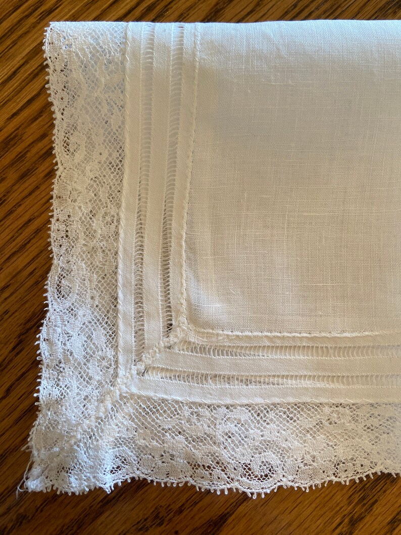 Restored Vintage Handkerchief With Three Rows of Hemstitch and Lace Edging