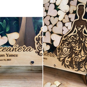May include: Wooden Quincea&ntilde;era guest book with a laser-cut design of a dress and hearts. The name "Quincea&ntilde;era" is displayed in elegant script, along with the name Morgan Yanez and the date August 14, 2024.