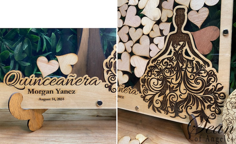 May include: Wooden Quincea&ntilde;era guest book with a laser-cut design of a dress and hearts. The name "Quincea&ntilde;era" is displayed in elegant script, along with the name Morgan Yanez and the date August 14, 2024.