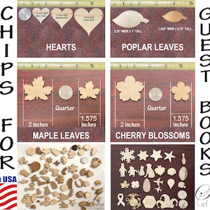 May include: Assortment of wooden shapes for crafting, including hearts, maple leaves, cherry blossoms, poplar leaves, and a variety of other shapes. The shapes are shown next to a ruler and a US quarter for size reference. The text "CHIPS FOR GUEST BOOKS" is written vertically on the left side of the image and the text "Sean of Angeles" is written vertically on the right side of the image.