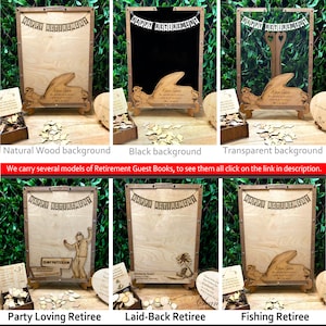 May include: Six different wooden retirement guest books with various themes. The books feature a wooden frame with a cutout design and a small wooden box filled with wooden hearts. The themes include a natural wood background, a black background, a transparent background, a party loving retiree, a laid-back retiree, and a fishing retiree.