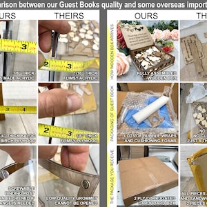 May include: Side-by-side comparison of guest book quality. The image shows differences in acrylic thickness, stand thickness, hardware quality, packaging, and assembly. Text includes "OURS" and "THEIRS" with measurements in inches.