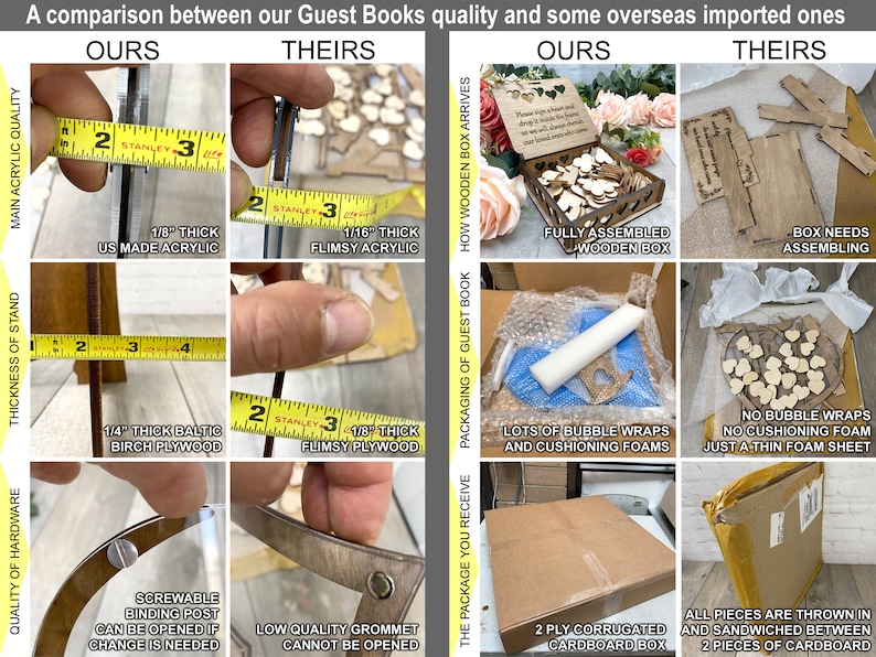 May include: Side-by-side comparison of guest book quality. The image shows differences in acrylic thickness, stand thickness, hardware quality, packaging, and assembly. Text includes "OURS" and "THEIRS" with measurements in inches.