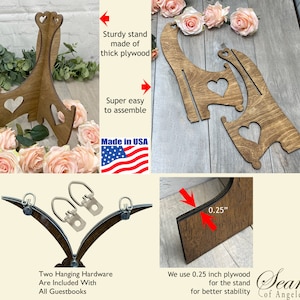 May include: Wooden guestbook stand with heart cutouts. Made of thick plywood, the stand is easy to assemble and includes hanging hardware. The stand is made in the USA and uses 0.25 inch plywood for stability.