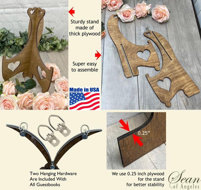 May include: Wooden guestbook stand with heart cutouts. Made of thick plywood, the stand is easy to assemble and includes hanging hardware. The stand is made in the USA and uses 0.25 inch plywood for stability.