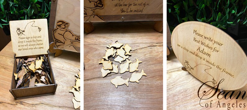 May include: Wooden guest book with a fishing theme. Guests write their best wishes on wooden fish-shaped chips and drop them into a box. The sign reads "Please write your best wishes for Adam on a chip and drop it inside the frame."