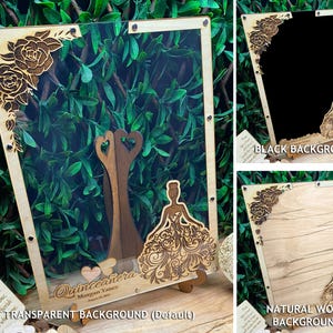 May include: A wooden Quincea&ntilde;era guest book frame with a transparent background, featuring laser-cut floral corner accents, a bride silhouette, and a heart-shaped couple design. The frame includes the text "Quincea&ntilde;era" and the name "Morgan Yanez".