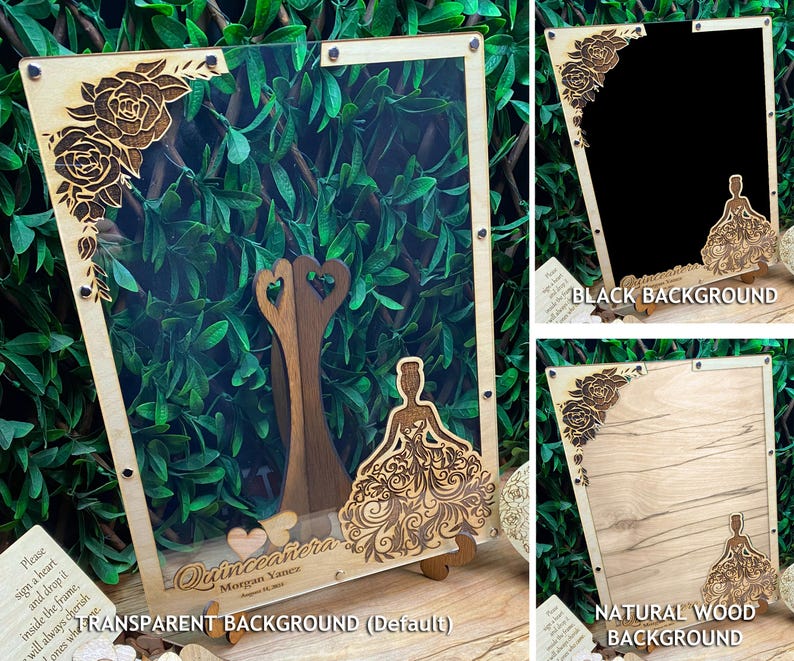 May include: A wooden Quincea&ntilde;era guest book frame with a transparent background, featuring laser-cut floral corner accents, a bride silhouette, and a heart-shaped couple design. The frame includes the text "Quincea&ntilde;era" and the name "Morgan Yanez".