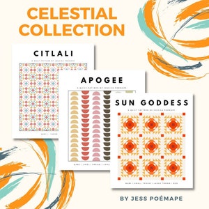 May include: Three quilt patterns featuring colourful geometric designs. The patterns are titled "Citlali", "Apogee", and "Sun Goddess". Each pattern is available in different sizes, including baby, small throw, large throw, and bed.