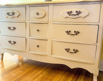 SOLD French provincial vintage dresser soft gray and gold updated