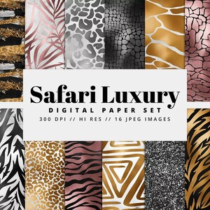 Safari Luxury Digital Paper - Glitzer, Nahtloses Muster, Dschungel Hintergrund, Printable, Outback, Animal Print, Tiger, Zebra, Gepard, Leopard