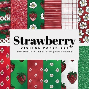 Strawberry Digital Papers, Whimsical, Seamless Pattern, Summer Background, Printable Digital Paper, Patterns, Classic, Country