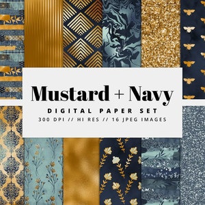 Mustard & Navy Digital Paper - Regal, Seamless Pattern, Winter Background, Printable, Glitter, Bees, Daisies, Damask, Flowers, Vines, Golden