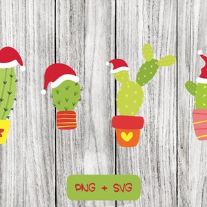 Christmas Cactus SVG PNG Files, Navidad, Vacaciones, Vida Vegetal, Santa Hat - Descarga instantánea
