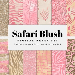 Safari Blush Digital Paper - Glitter, Seamless Pattern, Summer Background, Printable Digital Paper, Patterns, Animal Print,