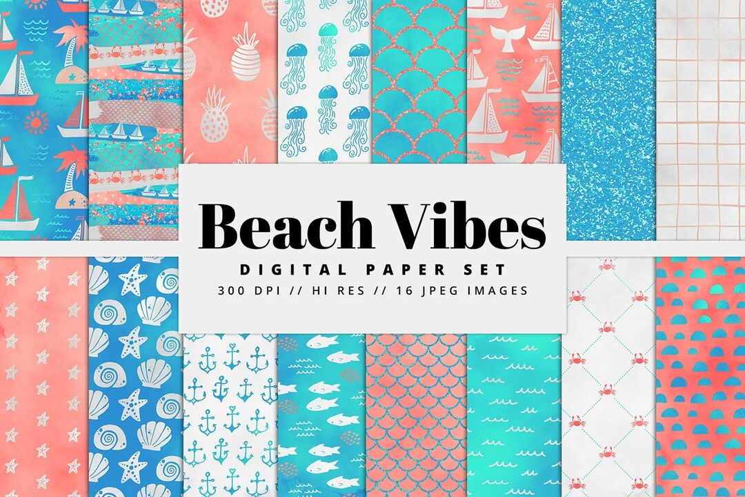Beach Vibes Digital Paper - Nautical, Seamless Pattern, Summer ...