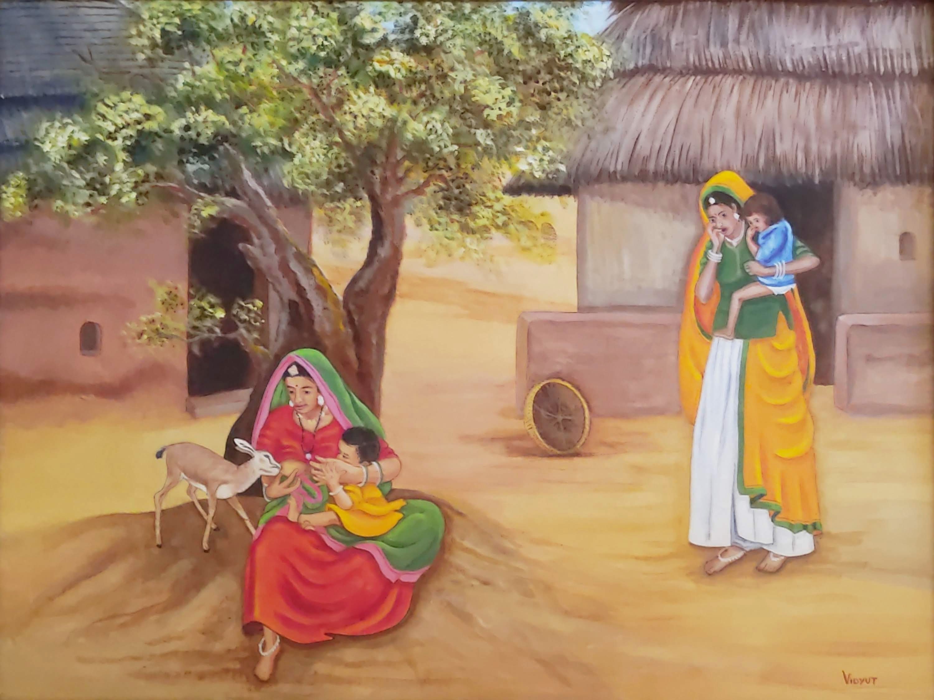Nurturing Nature, Mother and Child, Indian Paintings, Acrylic Painting
