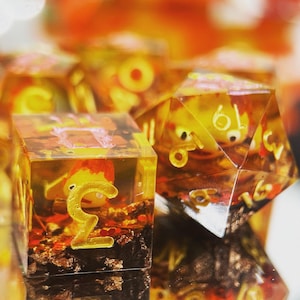 READY to SHIP: Fire Demon Dice Set (standard polyhedral and D6, sharp edge, read description!)