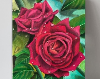 Handpainted Original Oil Painting – Red Roses with Dew Drops, 11x14 Canvas