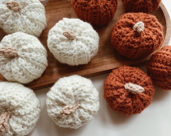 Mini Knit Pumpkins Set of 5 autumn bowl fillers, decorative pumpkins for table, fall pumpkin tray decor for coffee table, farmhouse mantel