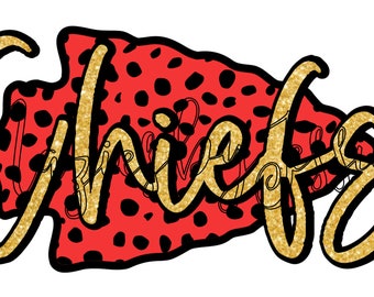May include: Gold glitter "Chiefs" text with a red and black cheetah print arrow behind it.