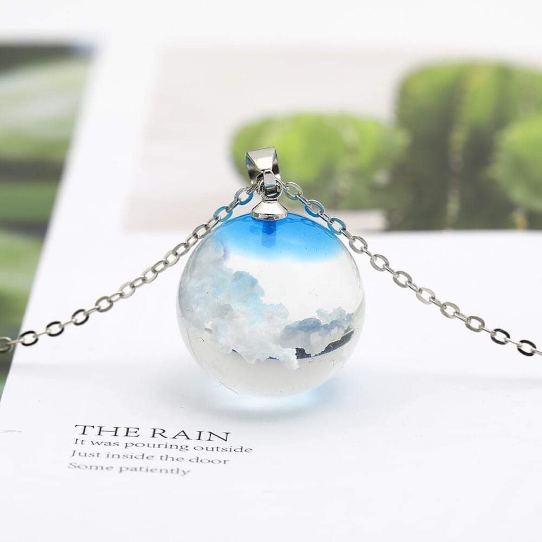 Crystal Clear Sphere White Clouds with Blue Sky Reflection On Top Pendant Necklace