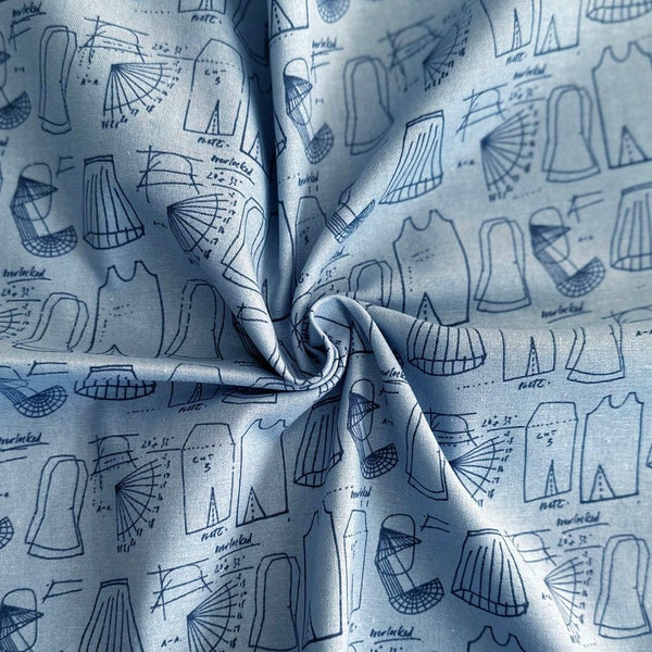 Sewing Room Pattern Draft on Denim Blue Fat Quarter - 18" x 21" Fabric Piece