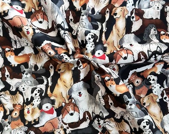 Entzückende Aquarell Hunde auf Schwarz 44 "breit 100% Baumwolle Neuheit Quilting Stoff