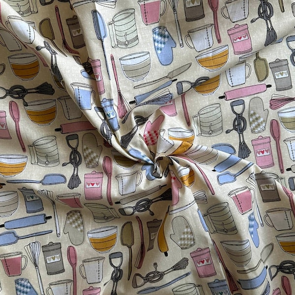Kitchen Baking Tools on Pastel Yellow 44" Wide 100% Cotton Novelty Quilting Fabric - Sold by Fat Quarter, Half Yard and Yard