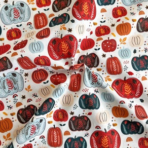 Cozy Cottage Rustic Folky Fall Pumpkins on White 44&quot; Wide 100% Cotton Quilting Fabric - Sold by The Yard