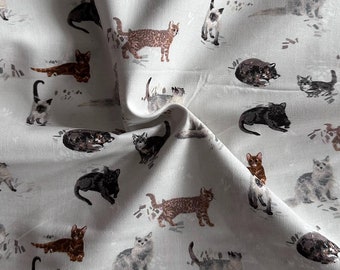 Watercolor Whimsical Cats on Gray 44" Wide 100% Cotton Novelty Fabric