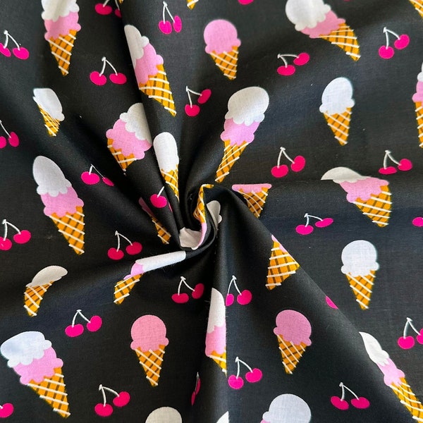 Ice Cream Cones and Cherries on Black Fat Quarter - 18" x 21" Fabric Piece