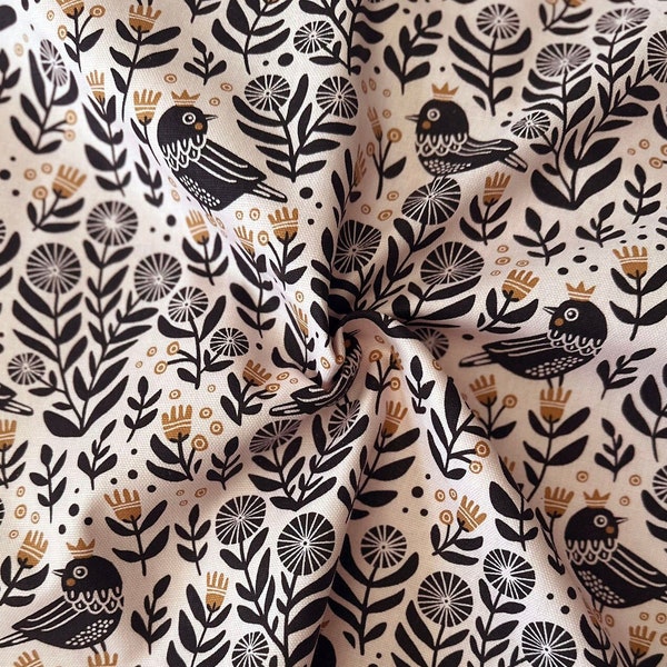 Black Birds with Gold Crowns in Plants on Blush Pink 45" Wide Cotton Canvas Home Decor Fabric - Sold by the Yard