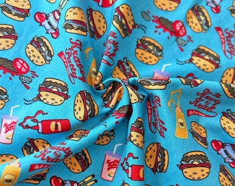 SpongeBob SquarePants Krusty Krab Krabby Patties , Plankton and Mr Krabs on Blue 43" Wide 100% Cotton Quilting Fabric - Sold by the Yard