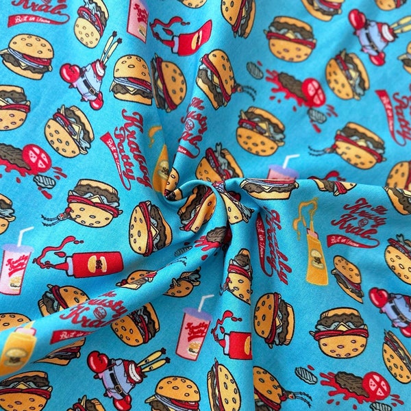 SpongeBob SquarePants Krusty Krab Krabby Patties , Plankton and Mr Krabs on Blue 43" Wide 100% Cotton Quilting Fabric - Sold by the Yard