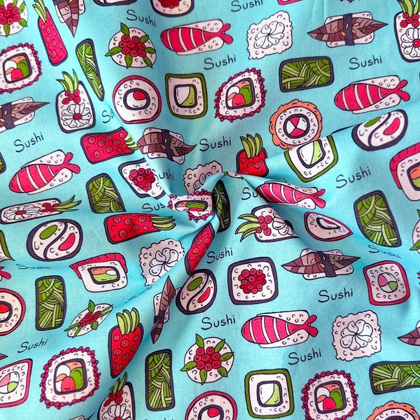 Yummy Sushi on Blue 44" Wide 100% Cotton Quilting Fabric - Sold by the Fat Quarter, 1/2 Yard and Yard