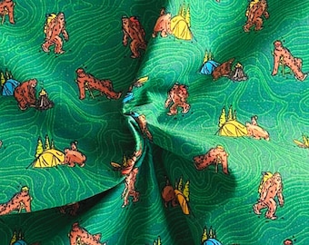Sasquatch and Big Foot Adventures on Green 44" Wide 100% Cotton Novelty Quilting Fabric