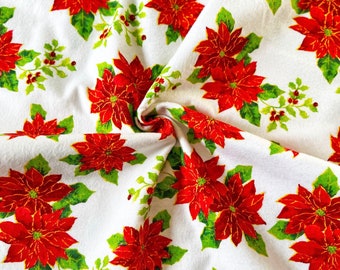 Red Christmas Poinsettias on White 42" Wide 100% Cotton Super Snuggle Flannel Fabric - Sold by the Yard