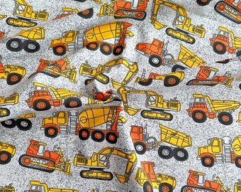 Orange and Yellow Construction Trucks on Gray 44" Wide 100% Cotton Novelty Fabric