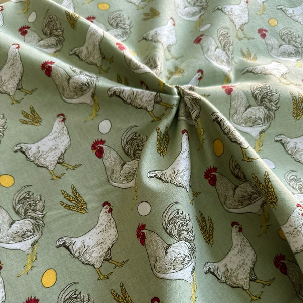 Rustic Roosters , Hens , Wheat and Eggs on Sage Green 44" Wide 100% Cotton Novelty Quilting Fabric - Sold by Fat Quarter, Half Yard and Yard