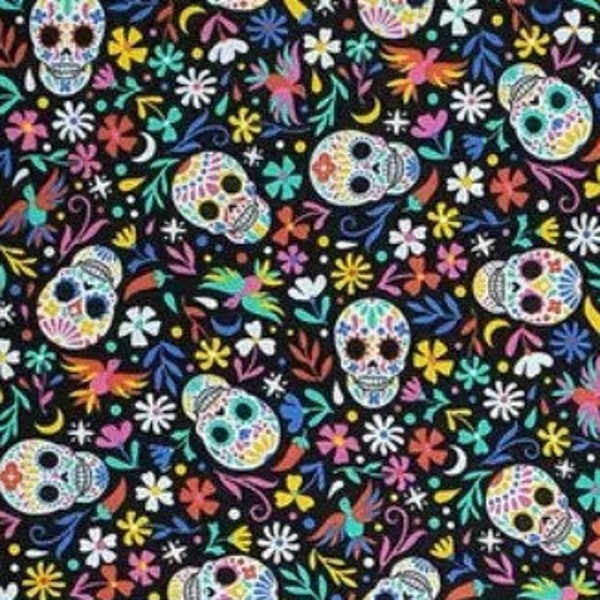 Floral Sugar Skulls 42" Wide By The Yard 100% Cotton Super Snuggle Flannel Fabric - Sold By The Yard | Halloween | Day Of The Dead | Mexican