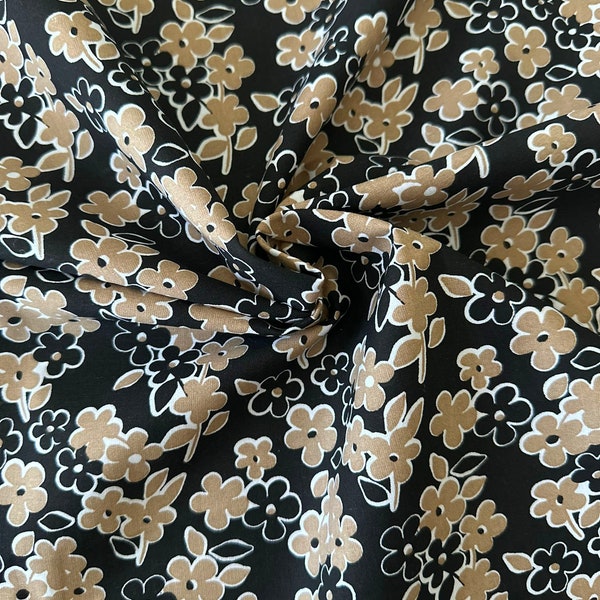 Black and Tan Outlined Floral on Black 43" Wide 100% Cotton Quilting Fabric - 28" Precut Fabric Remnant