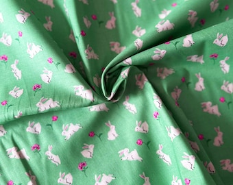 Spring / Easter Bouncing Bunnies on Sage Green 44" Wide 100% Cotton Quilting Fabric - Sold by the 1/2 Yard and Yard