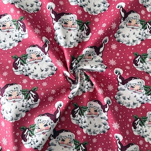 Vintage Christmas Santa Heads and Snowflakes on Red 43&quot; Wide 100% Cotton Quilting Fabric - Sold by 1/2 Yard + Yard