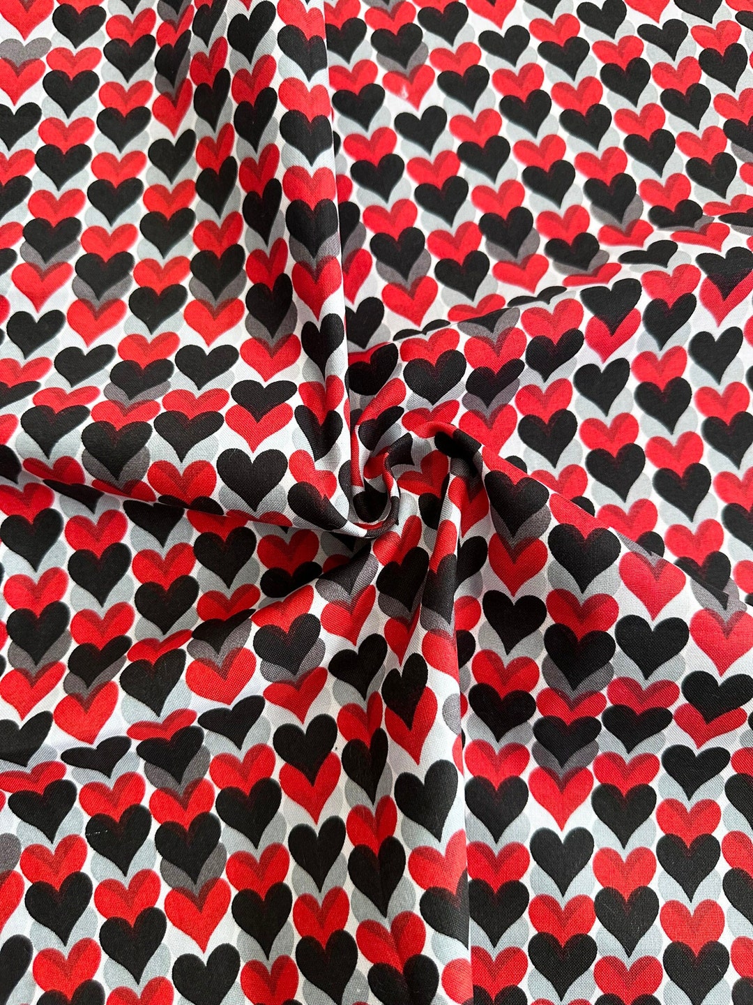 Stacked Gray, Black and Red Hearts on White 44 Wide 100 Cotton