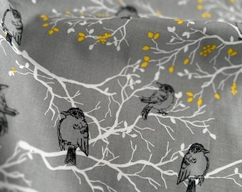 Birds and Floral Branches on Gray 44" Wide 100% Cotton Novelty Fabric - Sold by Fat Quarter, Half Yard + Yard