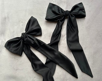 Black Large Satin Hair Bow on Silver Clip | Soft, High Quality, Faux Silk | Handmade | Classic, Timeless Design | That Scrunchie Brand