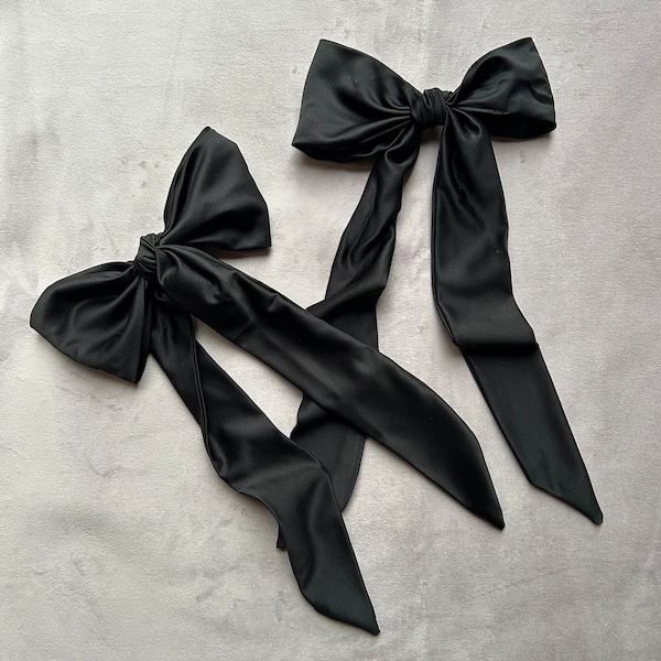 Black Large Satin Hair Bow on Silver Clip | Soft, High Quality, Faux Silk | Handmade | Classic, Timeless Design | That Scrunchie Brand